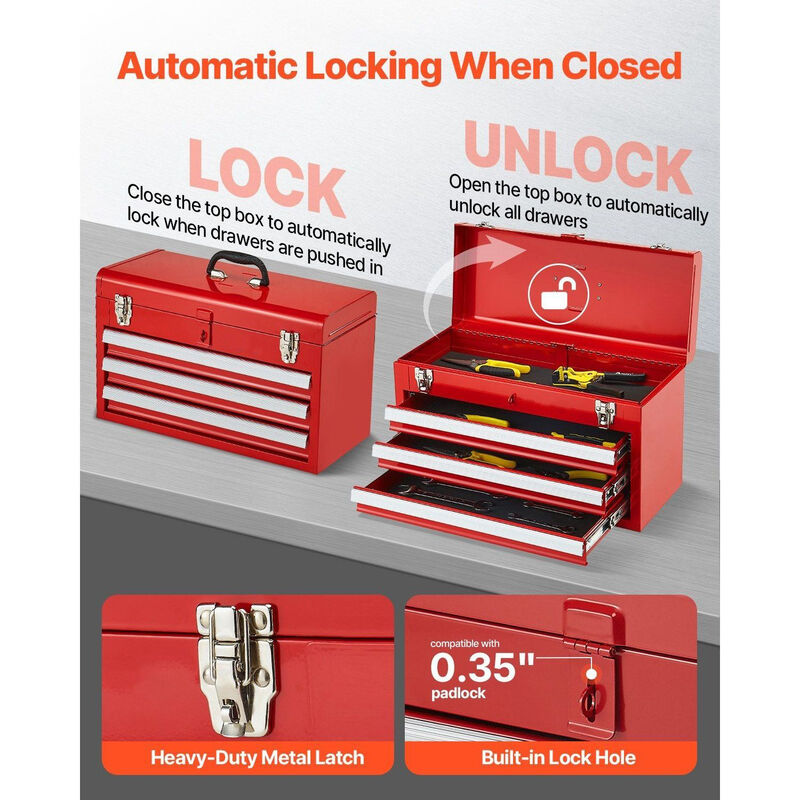 Metal Tool Box with 3 Drawers, Locking Small Tool Chest with EVA Lined Storage-Red image number 4