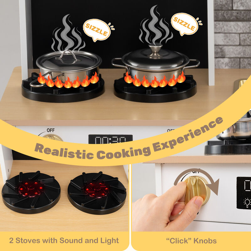 White Kids Wooden Play Kitchen Set with Stove Sound and Light for Ages 3 Plus image number 5