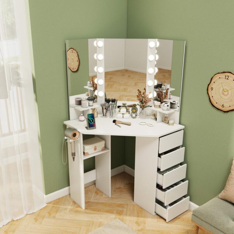 Hivvago Corner Vanity Desk with 3-Color LED Lighted Mirror and Power Outlet