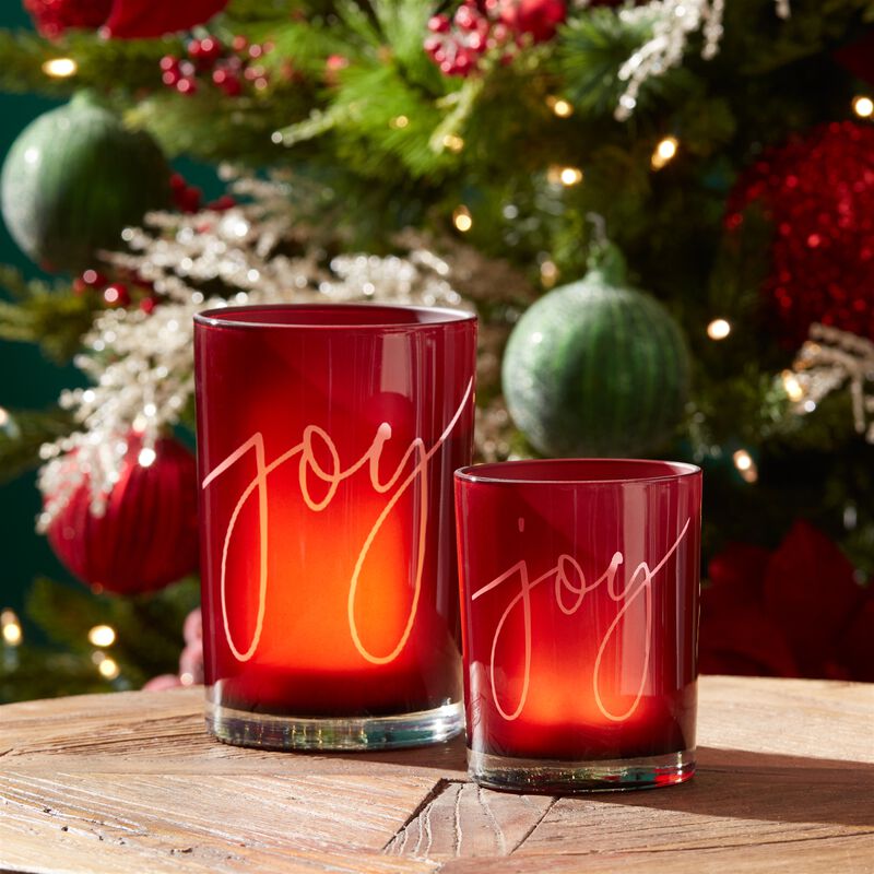 Set of 2 Joy Glass Votive Holders for Holiday Tabletop, Shelf, or Mantel Decor
