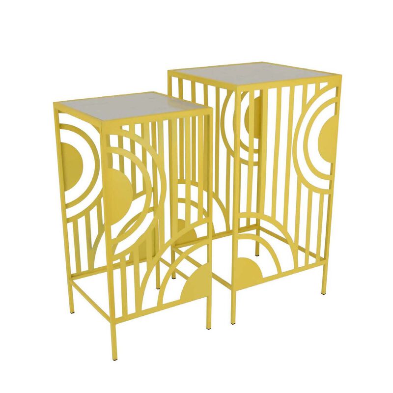 Percy Plant Stand Table Set of 2, Marble Top, Gold Metal 26, 24 Inch