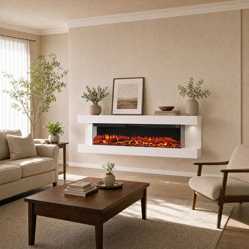 Mondawe Stylish Electric Fireplace Integrated 3-Sided Fireplace with 60" Suspended Light Mantel with Remote Control, White image number 1