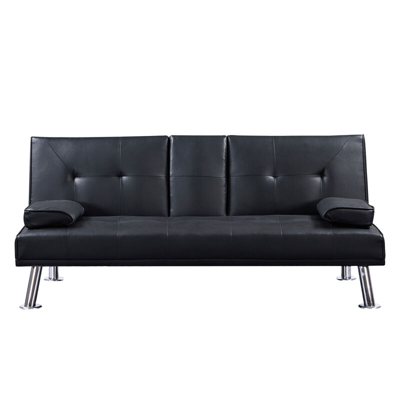 Modern Faux Leather Loveseat Sofa Bed with Cup Holders, Convertible Folding Sleeper Couch Bed .
