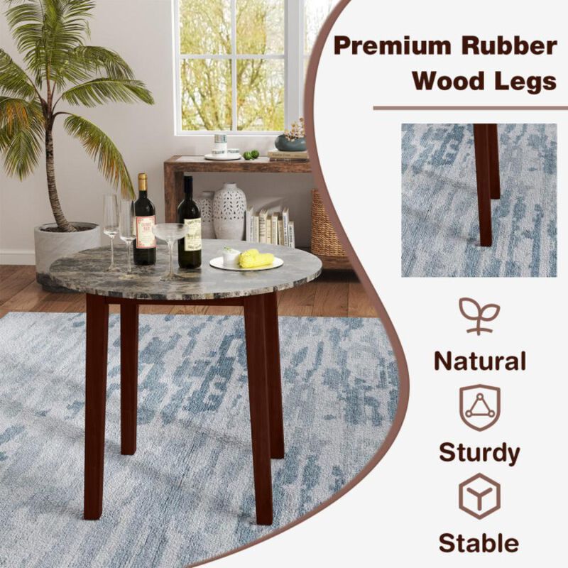 Hivvago 35 Inch Round Dining Table with Rubber Wood Legs and Marble-textured Veneer Tabletop