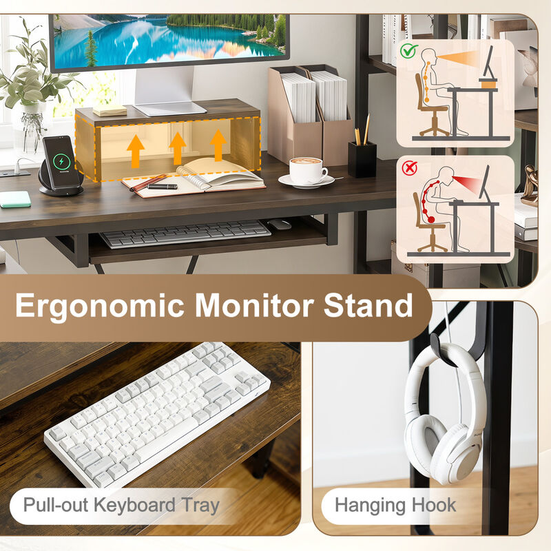 U Shaped Computer Desk with 5 Tier Storage Bookshelf and Keyboard Tray image number 6