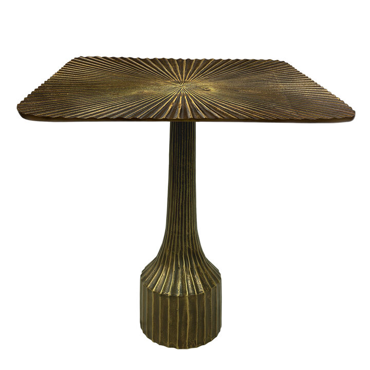 18 Inch Side End Table, Decorative Fluted Base, Square Top, Antique Brass Finish - Benzara