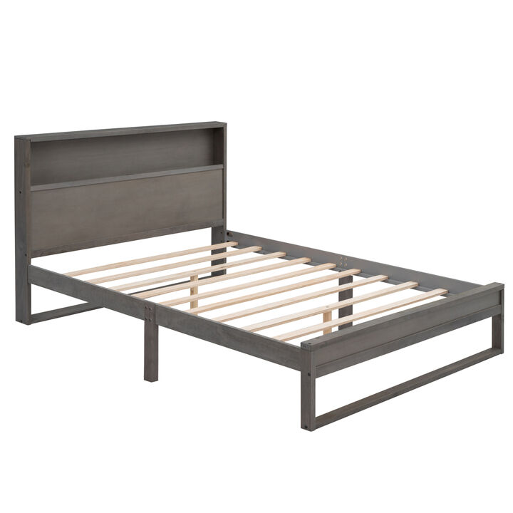 Platform Bed with Storage Headboard,Sockets and USB Ports,Queen Size Platform Bed,Antique Gray