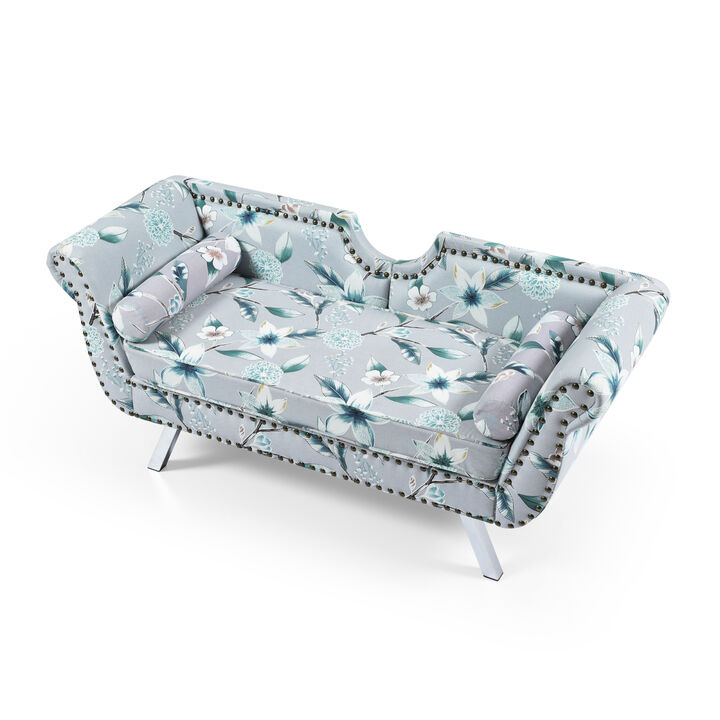 61"Width Modern Accent Printed Fabric Upholstered Loveseat Settee Nailhead Trimming Curved Backrest Rolled Arms Couch with Washable Cushion Cover Silver Metal Legs Living Room Set, Flower