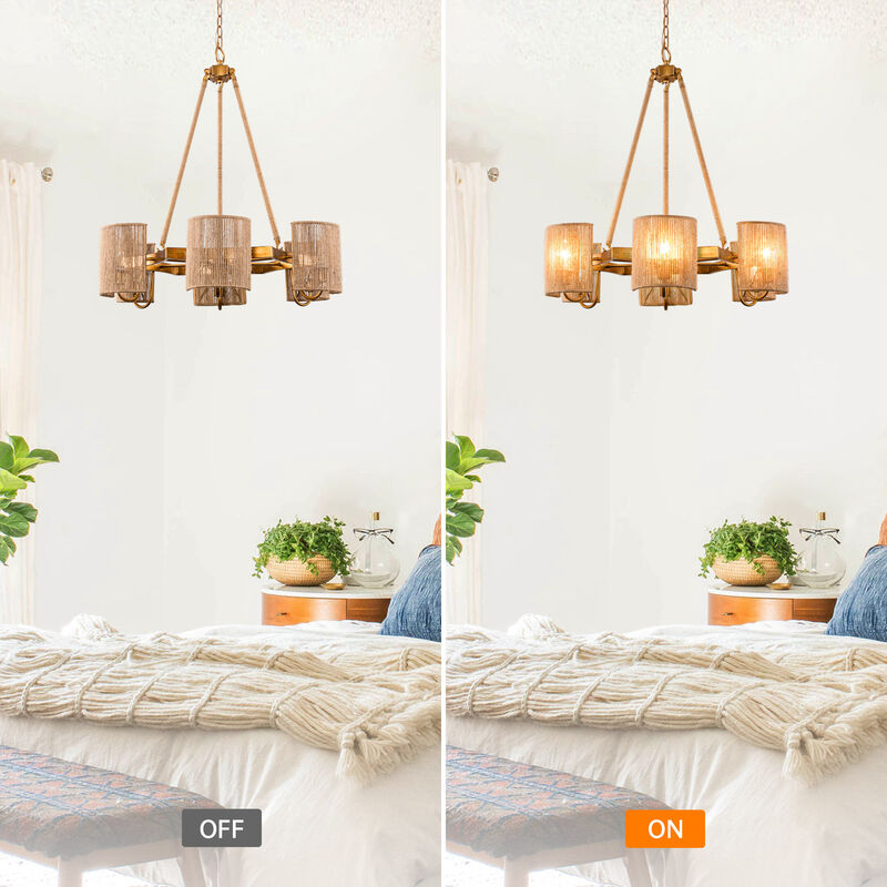 6-Light Bohemiann Antique Gold Wagon Wheel Hemp Rope Chandelier