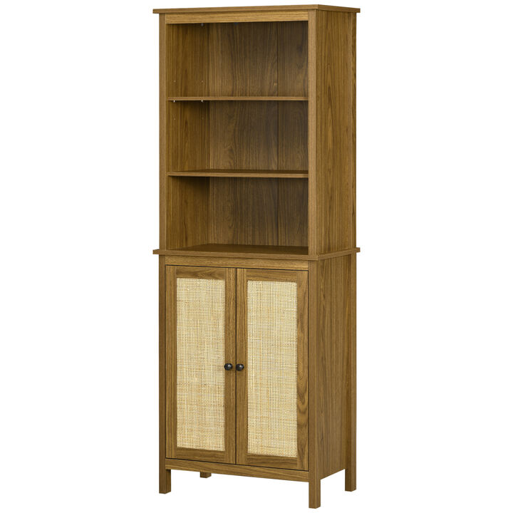HOMCOM Rustic Bookshelf with Cabinet & Rattan, Tall Bookshelf Library, Wooden Bookcase with Doors and Shelves, Study Living Room Home Office, Walnut