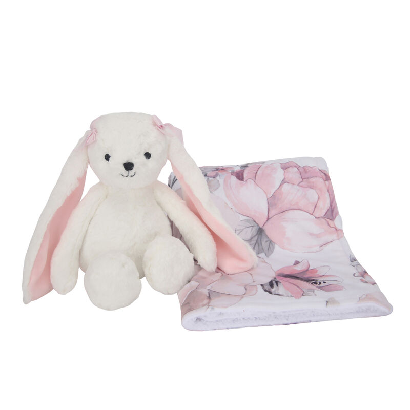 Lambs & Ivy Floral Blanket & White Plush Bunny Stuffed Animal Toy Baby Gift Set