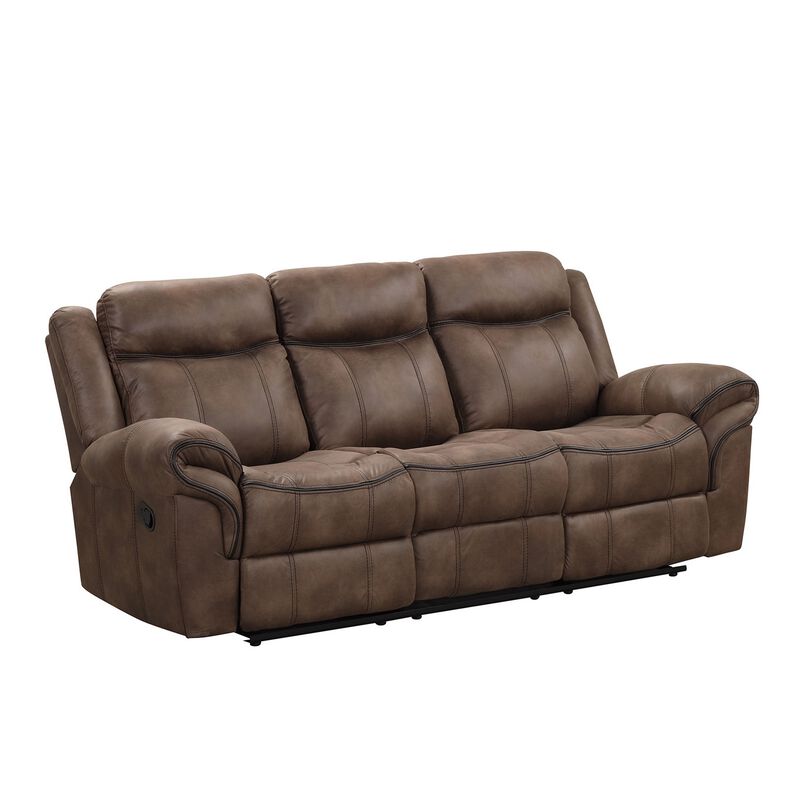 Arisa Sofa and Loveseat Manual Recliner Set, Brown Faux Leather, Drop Table - Benzara