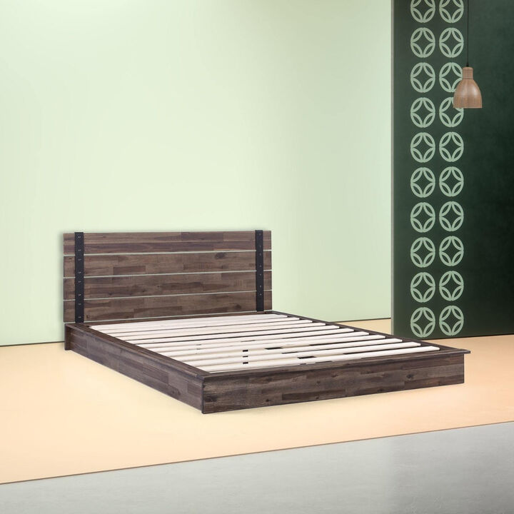Industrial Farmhouse Platform Bed Frame with Wood Finish, Low Profile Design
