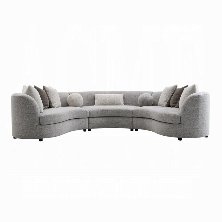 Kei 3pc Sectional Sofa, 9 Pillows, Curved Frame, Gray Boucle Fabric - Benzara