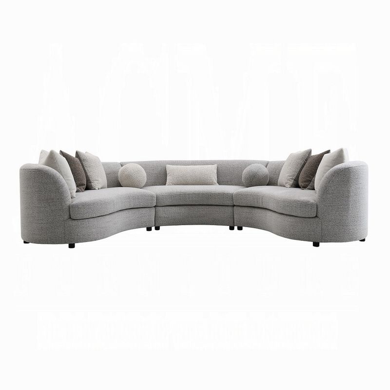 Kei 3pc Sectional Sofa, 9 Pillows, Curved Frame, Gray Boucle Fabric - Benzara
