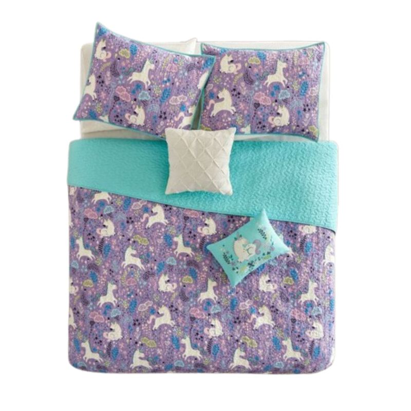 Hivvago Full/Queen Kids Blue Pink Unicorn Clouds Quilt Coverlet Bedspread Set