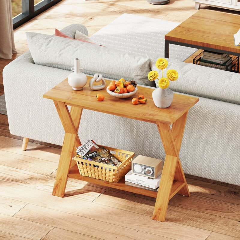 Solid Teak Wood Console Table with Lower Storage Shelf for Entryway or Living Room
