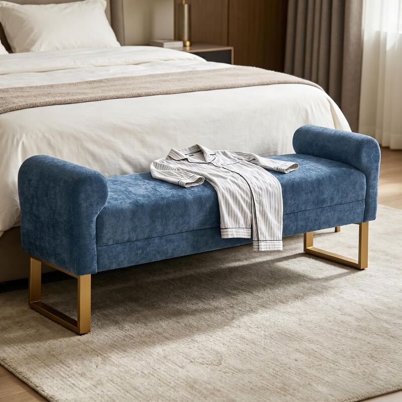 Envelor 65 in. Chenille Upholstered Ottoman Bench with Arms and Gold Legs image number 1
