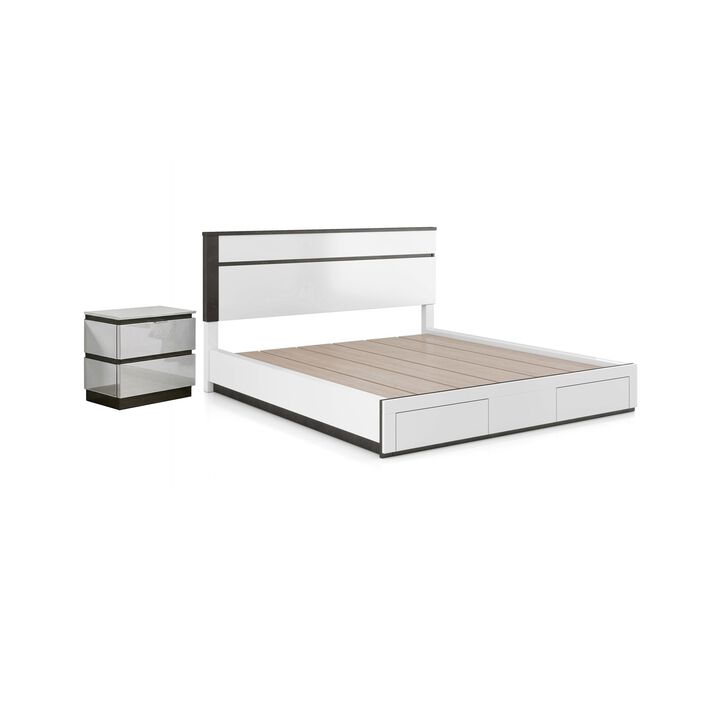 2pc King Bedroom Set, White, Metallic Gray Wood, Nightstand