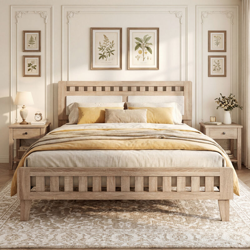 Modern Wood Bed Frame with Upholstered Headboard for Home Bedroom-Natural image number 7