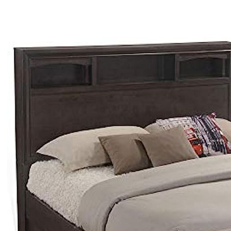 Queen Size Bed with 4 Storage Drawers, Bookcase Headboard, Walnut Brown