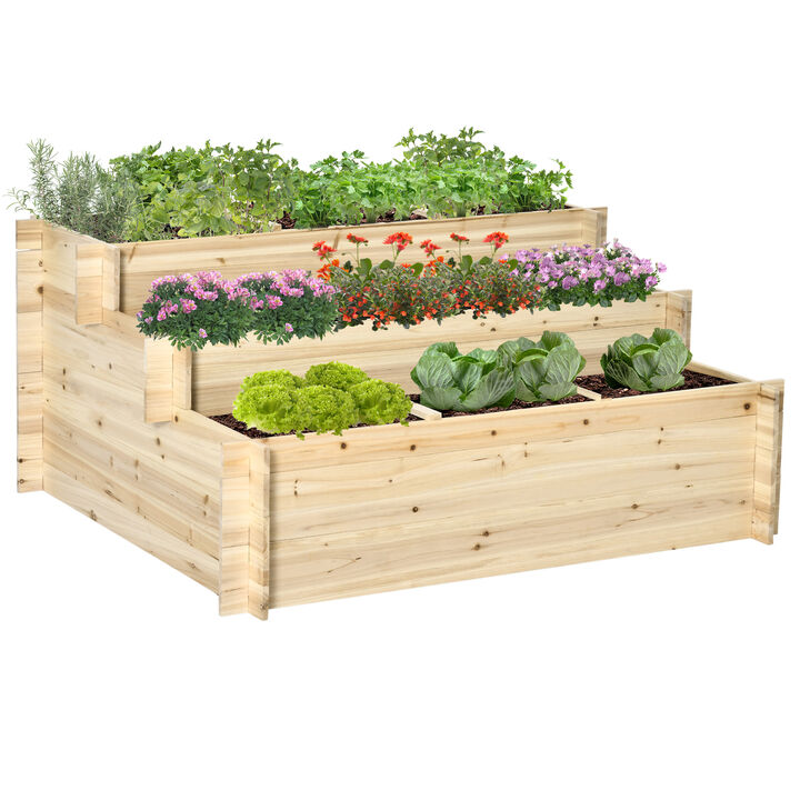 Outsunny 3 Tier Raised Garden Bed with 9 Grow Grids and Bed Liner, Elevated Wooden Planter Kit, Flower Box for Vegetables, Herb Outdoor Indoor Use, 46 x 39 x 21in