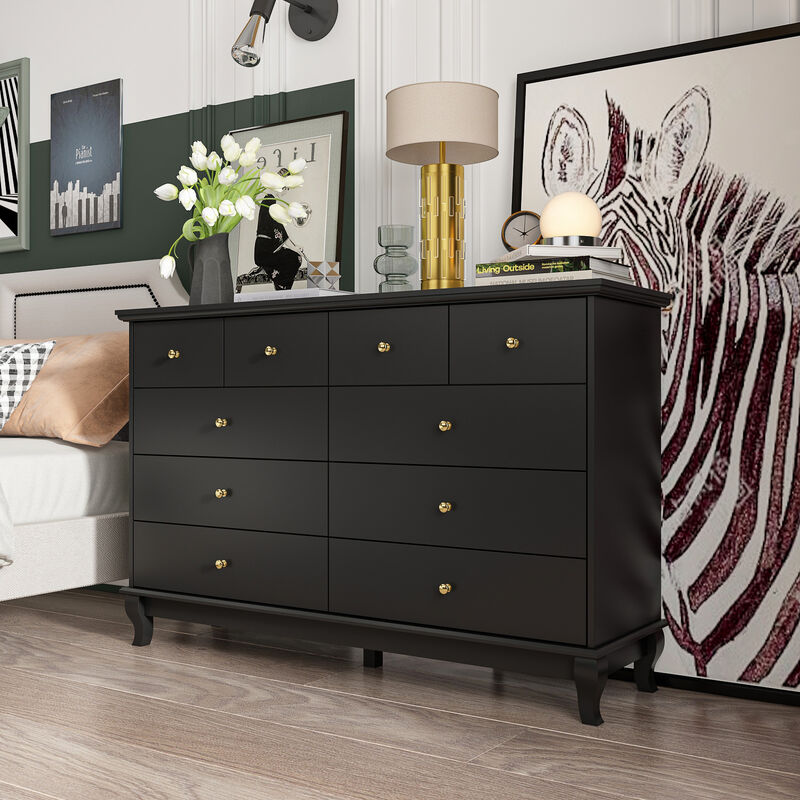 Black 10-Drawers Wood Double Chest of Drawer 55.1 in. W x 15.7 in. D x 35.4 in. H Dresser Organizer