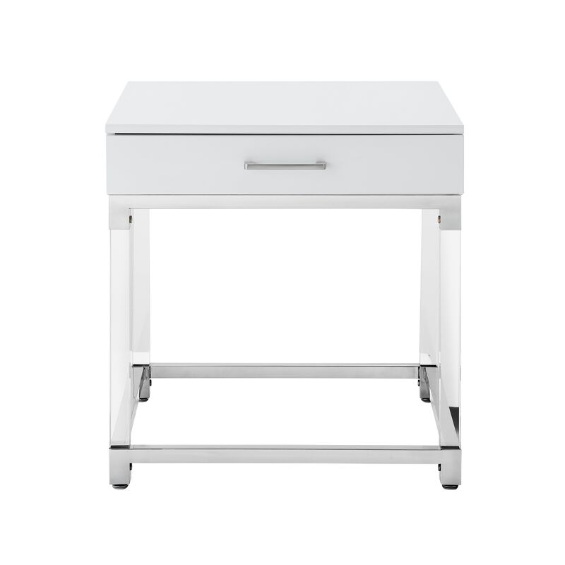 Inspired Home Kalel High Gloss 1 Drawer End Table with Acrylic Legs Stainless Steel Base