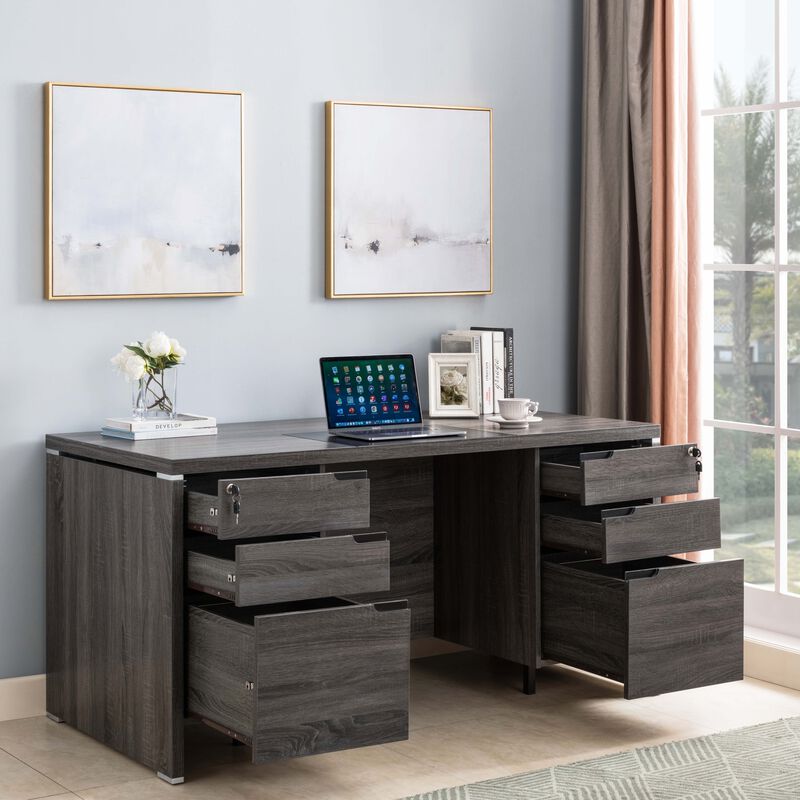 Distressed Grey Home Office Desk with 4 Lockabale Drawers and 2 Lockable File Cabinet Organizers