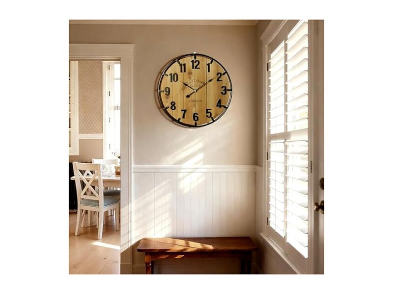 Farmhouse Metal Circle Wood Bedrooms Wall Clock 24 Inch Silent Battery Operated image number 3