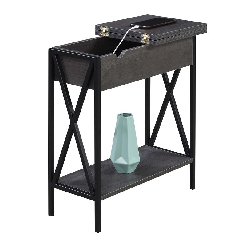 Convenience Concepts Tucson Flip Top End Table with Charging Station and Shelf, 23.75"L x 11.25"W x 24"H, Charcoal Gray/Black