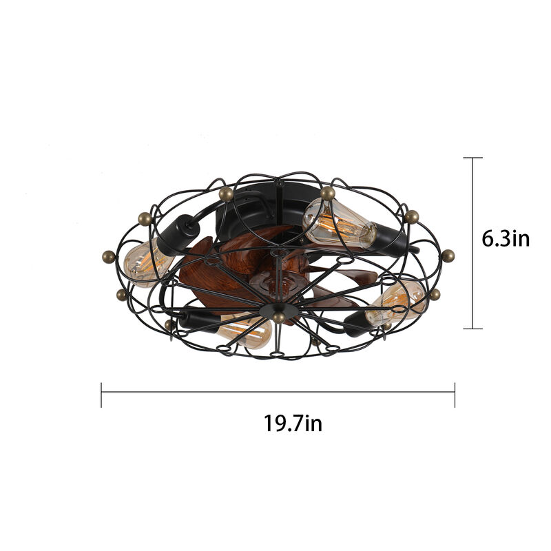 20" Low Profile Caged Ceiling Fan with Lights & Remote &ndash; Industrial Rustic Flush Mount Fan image number 7