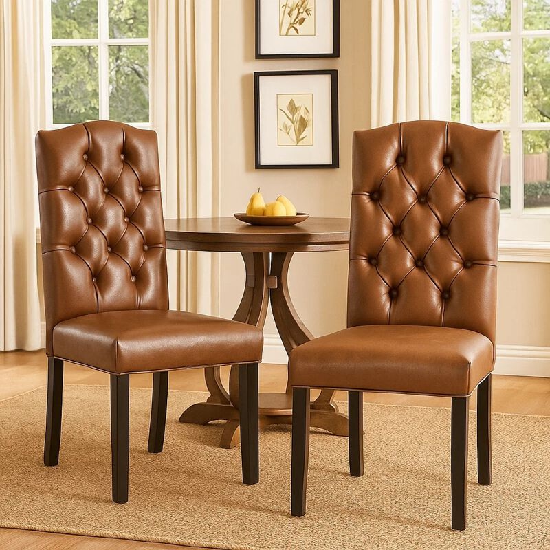 Elona Dining Chair Set of 2, Crown Top, Brown Tufted Faux Leather image number 6
