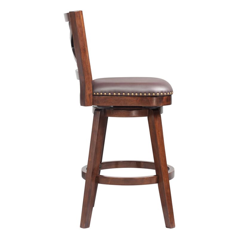 Swivel Bar Stool with Leatherette Padded Back and Nailhead Trim, Brown-Benzara