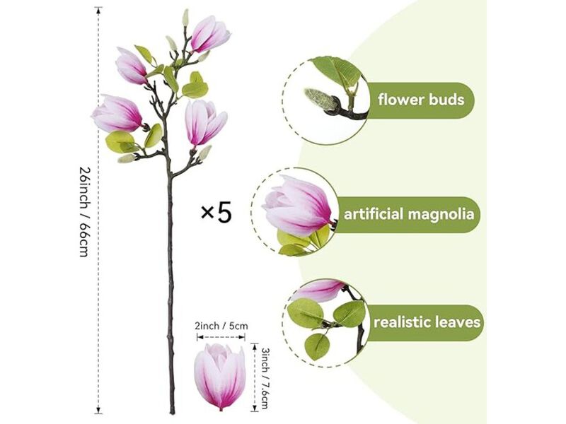5 Piece Artificial Magnolia Flower Stems Vase Filler Flowers image number 2