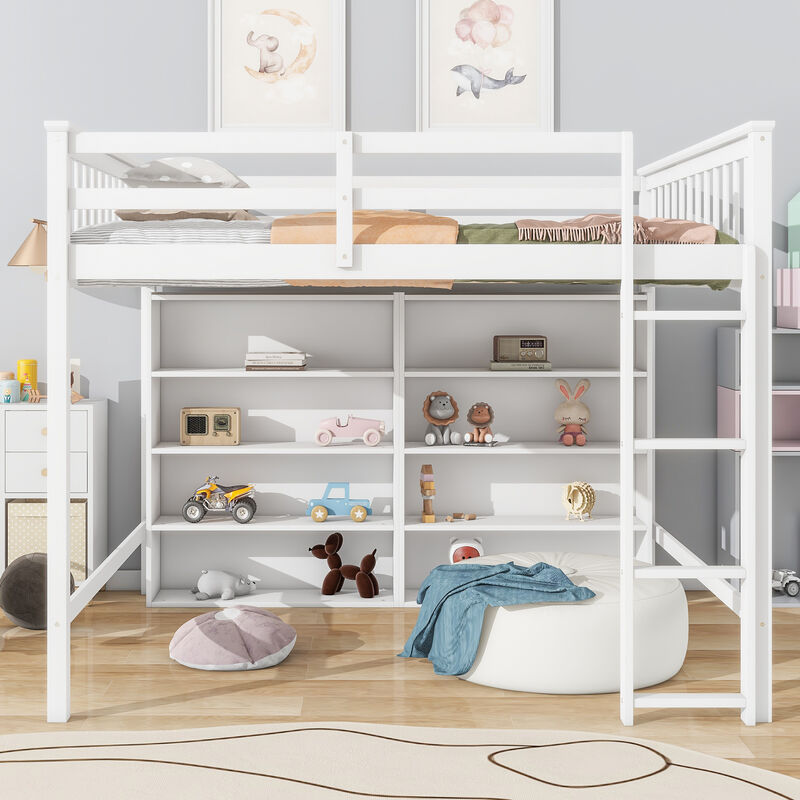 Whisen Full Size Loft Bed with Open Storage Shelves and Built-in Ladder - White