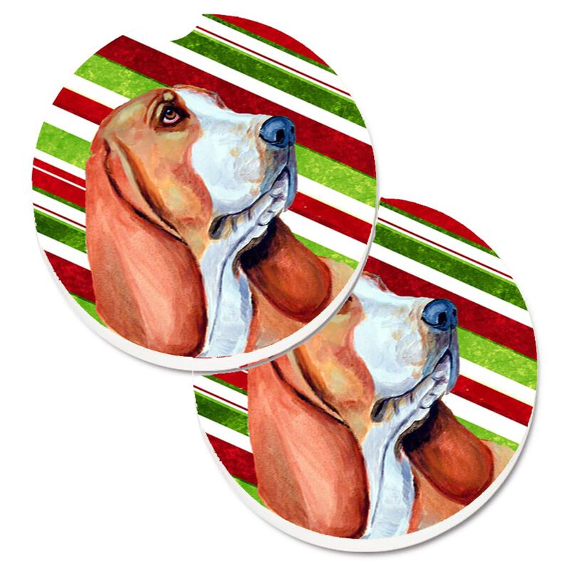 Caroline's Treasures Basset Hound Candy Cane Holiday Christmas Set of 2 Cup Holder Car Coasters LH9242CARC, 2.56, Multicolor image number 0