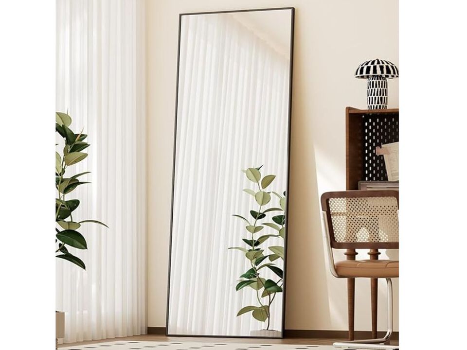 "56"x21" Full Length Mirror  Black Aluminum Frame  ShatterVue Tempered Glass  Wall-Mounted or Freestanding