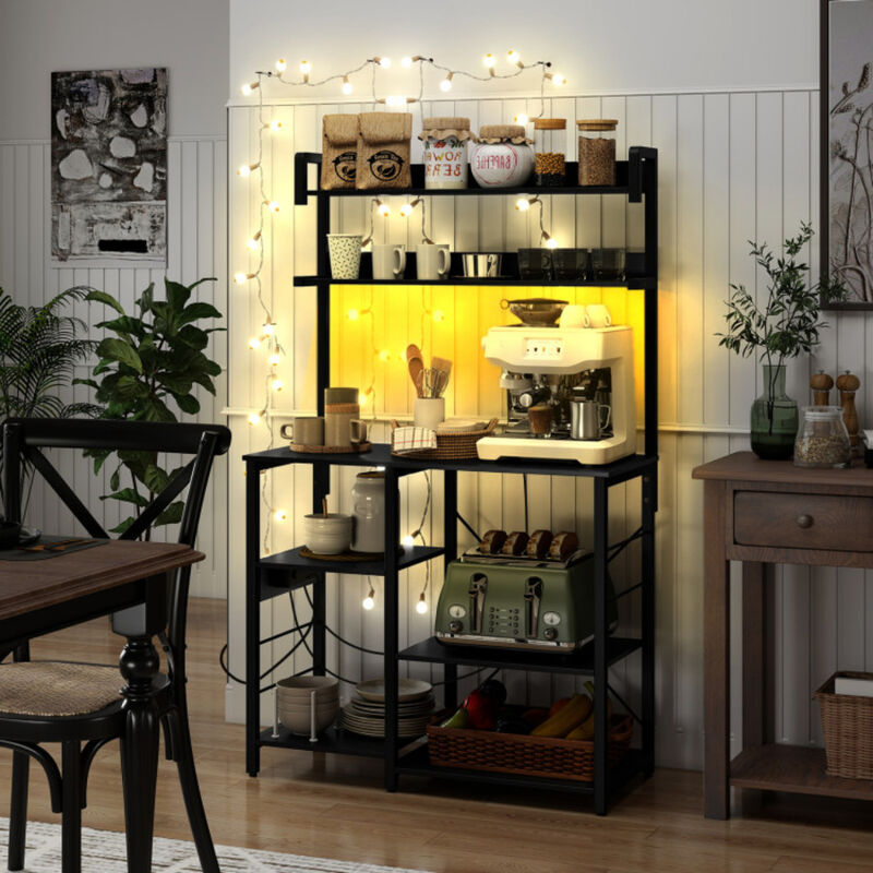 Microwave Oven Stand Kitchen Baker&rsquo;s Rack with Power Outlet and LED Lights image number 1