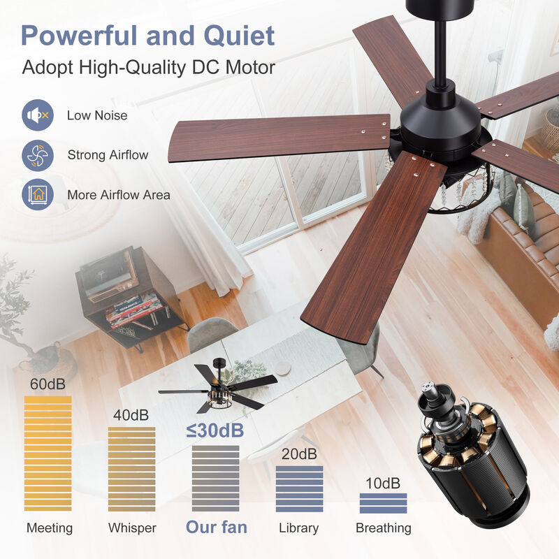 Breezary 52" Crystal Ceiling Fan with Lights, 2-Light E26 Base, DC Motor, 6-Speed Remote, Reversible Grain Blades, Quiet image number 5
