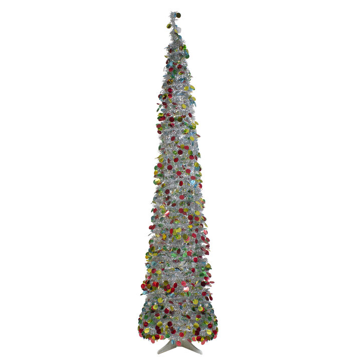 6' Pre-Lit Silver Tinsel Pop-Up Artificial Christmas Tree - Warm White LED Lights
