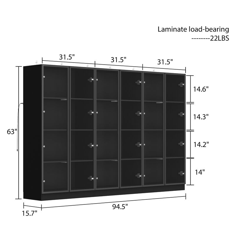 FUFU&GAGA Wood Storage Cabinet Display Cabinet with Tempered Glass Doors, 3-Color LED Lights, and Aluminum Framed, (94.5" L x 15.7" W x 63" H), Black