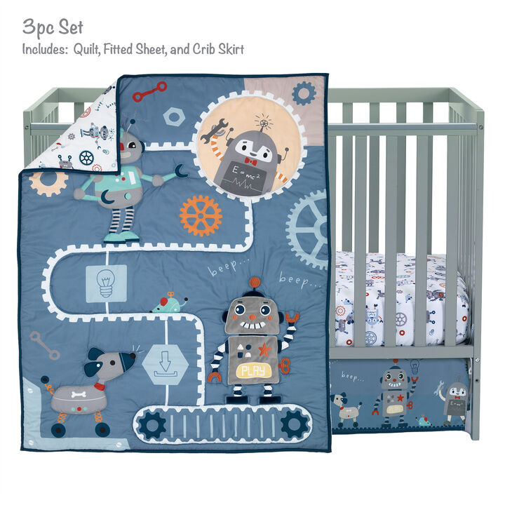 Bedtime Originals Robbie Robot Blue Nursery 3-Piece Baby Crib Bedding Set