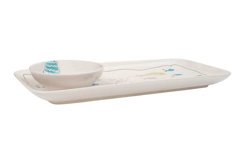 Coastal Stoneware Serving Platter and Dip Dish with Mermaid and Sea Life Illustrations, Multicolor image number 2