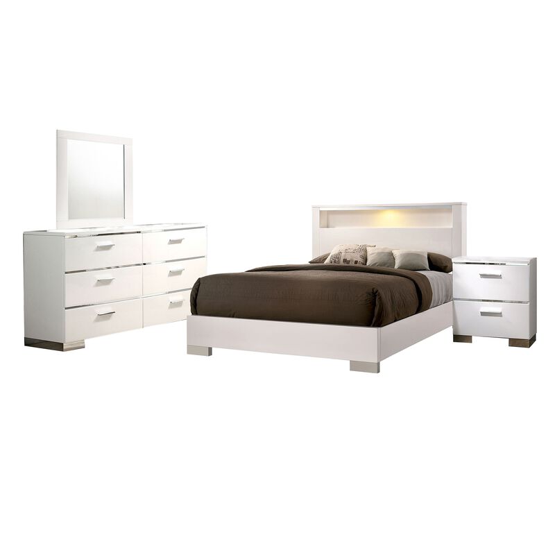 Cari Four Pc King Bedroom Set, LED Headboard with Shelf, White Wood, Chrome Stripes - Benzara