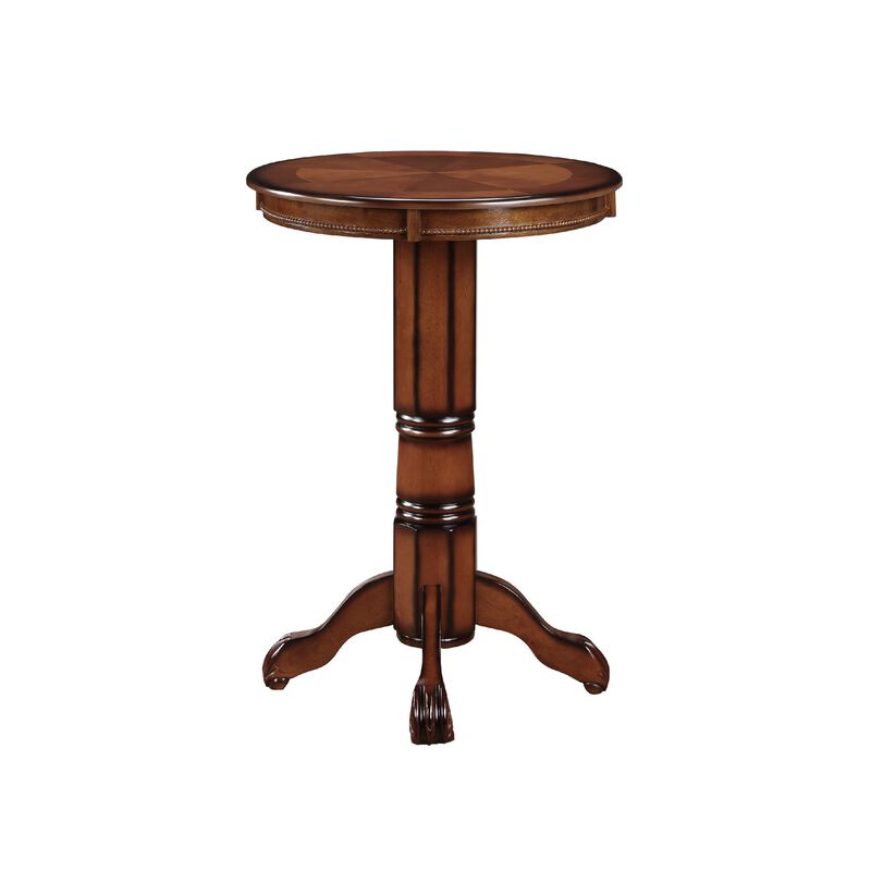 Ava 42 Inch Wood Pub Bar Table, Sunburst Design, Carved Pedestal, Brown