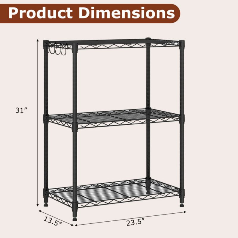 3-Tier Metal Storage Shelving Unit 450 LBS Capacity with V-Shaped Wire Rack and Hooks image number 3