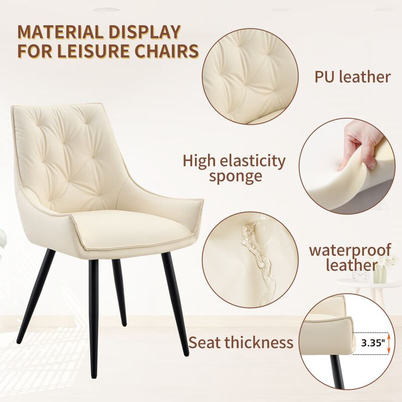 Set of 2 PU leather dining chairs rectangular button tufted dining chair solid back modern metal leg kitchen dining chairs wipe clean image number 5