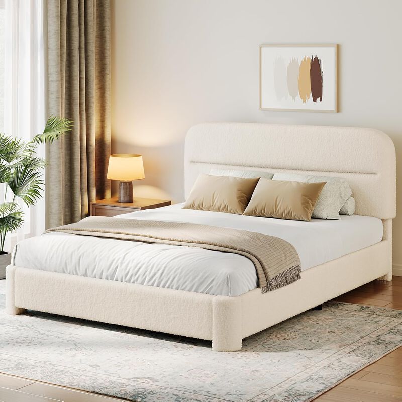 Vipbear Upholstered Boucle Platform Bed Frame with Adjustable Wide Headboard, Wooden Slats, Beige image number 2