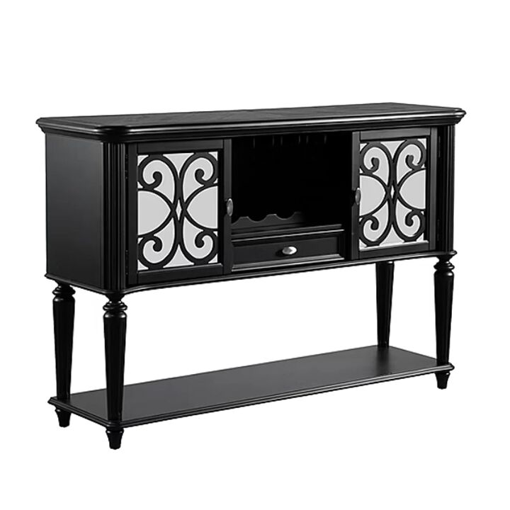 Hixe Dining Sideboard Server, 60 Inch, 1 Drawer w 2 Cabinets and Open Wine Rack, Black